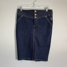 VTG Baby Phat Y2K Denim Pencil Skirt Dark Wash High Waist Gold Cat Logo Size 7