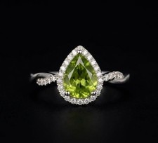 Pear Cut Peridot Halo Ring, Sterling Silver Twist Band, August Birthstone Ring
