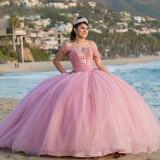 Glitter Pink Quinceanera Dresses Ball Gown Tulle Applique Beading Corset Sweet16