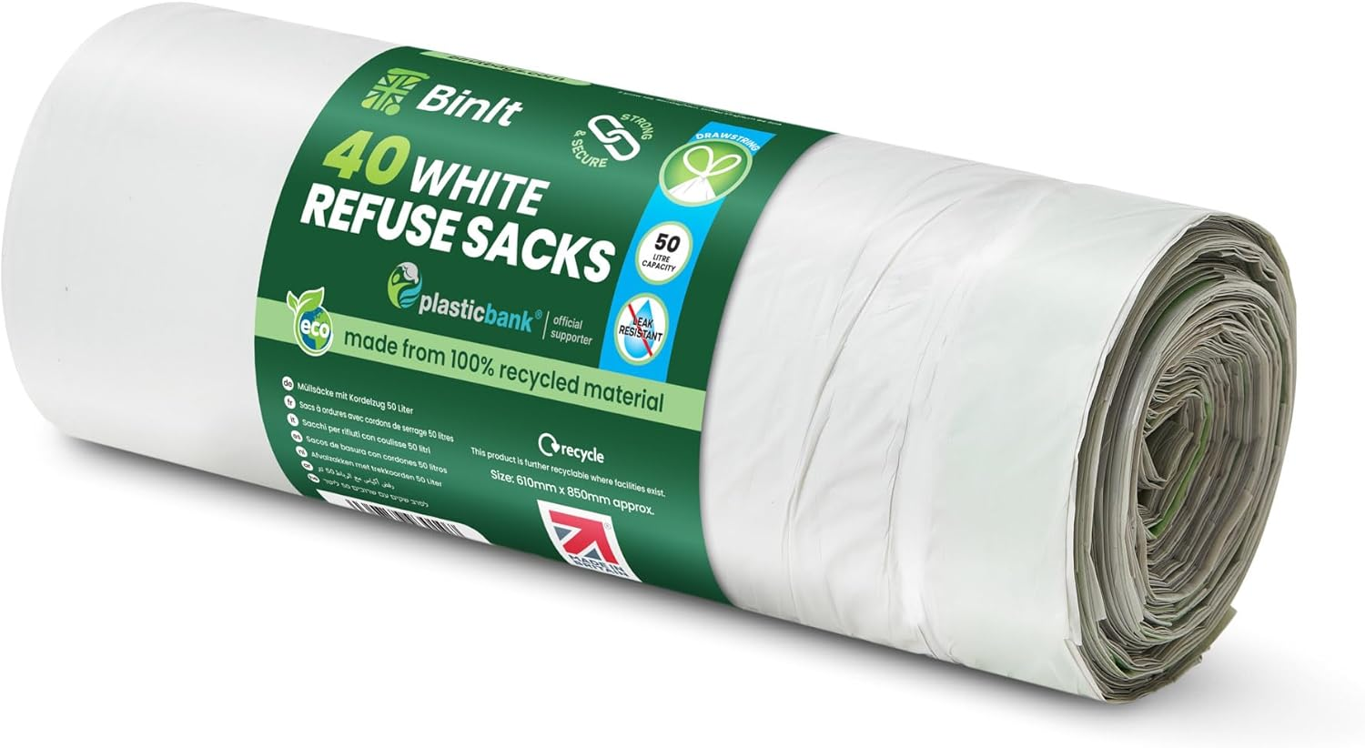40 White Drawstring 50L Strong & Secure, Refuse Sacks, Bin Bags, Bin Liners, Rec