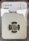 1963 D Roosevelt silver Dime 10 Cents NGC MS 65 GEM Mint State Uncirculated