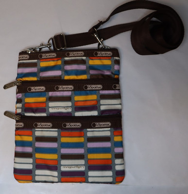 LeSportsac 3 Zipper Crossbody Geometric Shapes Adjustable Strap Brown