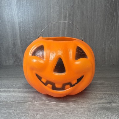 Vintage 1960s Halloween Pumpkin Jack O Lantern Blow Mold Candy Bucket Unmarked