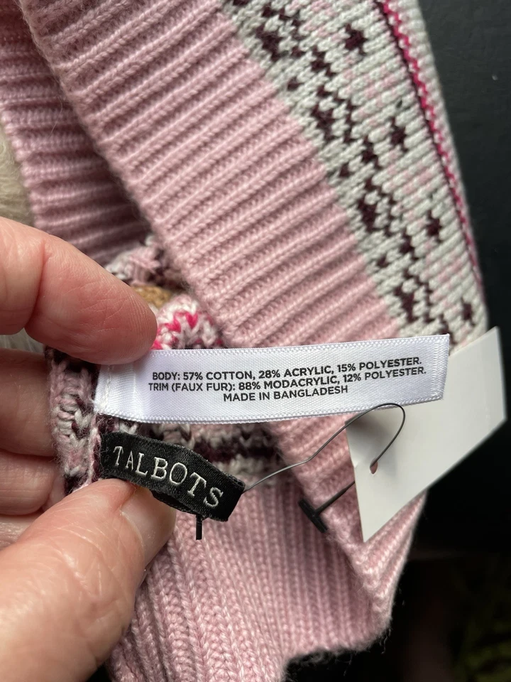 Sombrero tejido Talbots Reindeer Fair Isle, rosa/crema Pom, mezcla de algodón nuevo con etiquetas $49.50 Foto 4 de 4