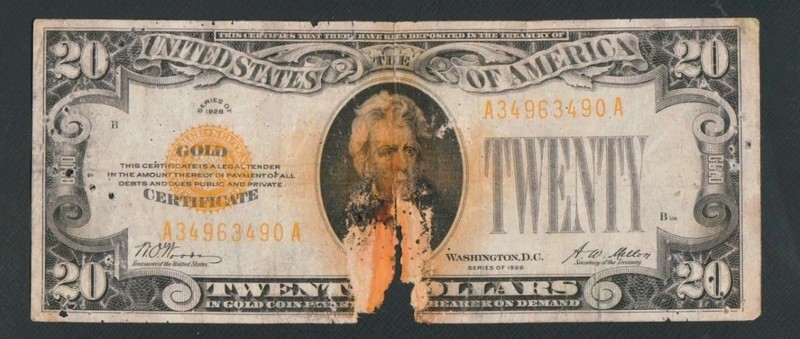 RARE 1928 $20 GOLD NOTE! DAMAGED 