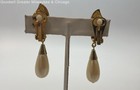 Vintage Gold Tone Faux Pearl Rhinestone Accent Dangle Clip-On Earrings 17.4g — photo 2