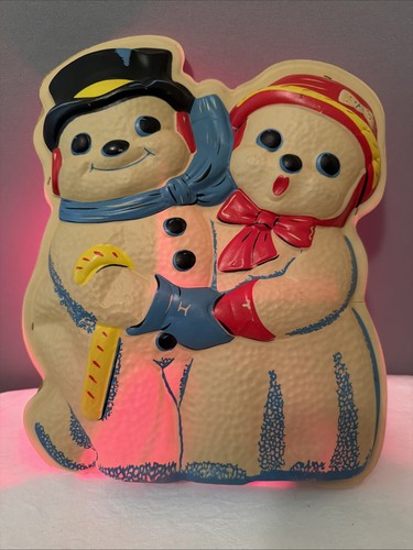 Vintage flat blow mold light up snowman couple hanging Xmas vintage decor