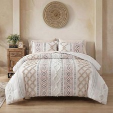 Tufted Comforter Set Size 5 Pieces Bohemian Style Geometric Tufted Queen Beige
