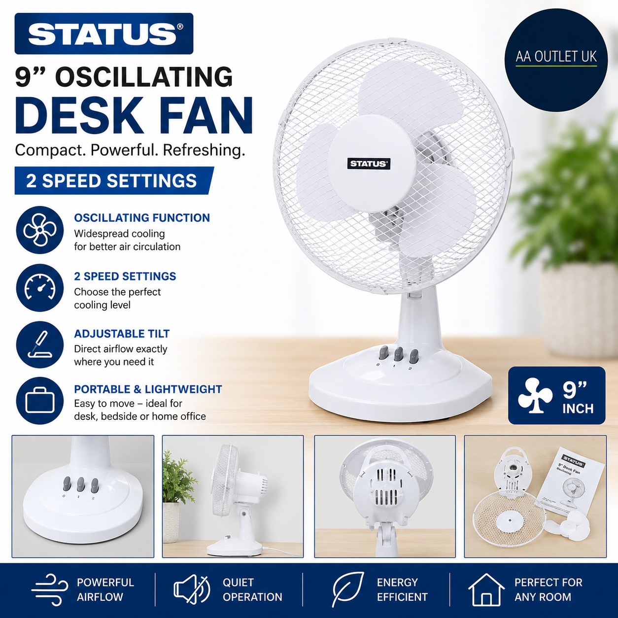 Status S9DESKFAN1PKB Desk Fan 9in Oscillating Portable 2 Speed Adjustable White