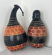 Handmade Kenya Gourd Decor Set African Art Painted Calabash Pair Leather Hangin