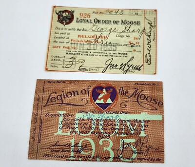 2 Loyal Order / Legion of Moose Philadelphia Annual Membership Cards 1935 