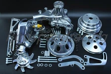 Small Block Chevy Aluminum Pulley & Bracket Kit w Power Steering Long Water Pump