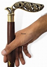 Antique Solid Brass Leaf Head Handle Vintage Style Wooden Walking Stick Cane