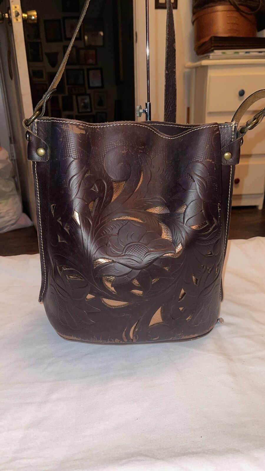PATRICIA NASH BROWN AND GOLD LAVELLO BUCKET BAG eBay
