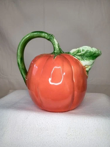 Pumpkin Pitcher Orange Green Ceramic Collectible Item Fall Autumn Decor