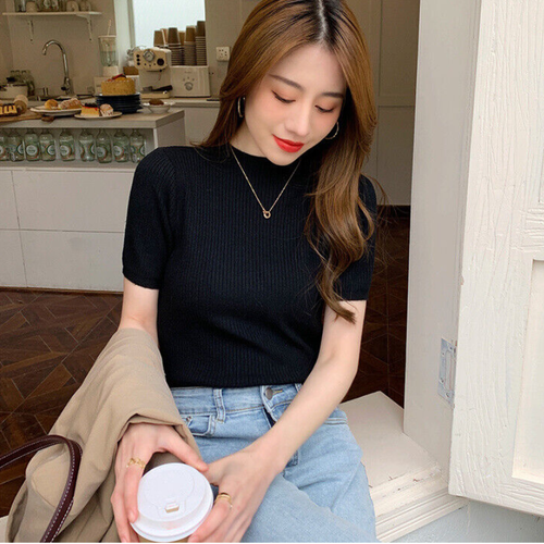 Women Korean Fashion Summer Short Sleeve Knit Basic Pullover Tops Blouse Shirts - Afbeelding 19 van 25