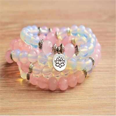 Natural 8mm Pink Crystal Opal Lotus Men's 108 Bead Mala Bracelet Charm Zen