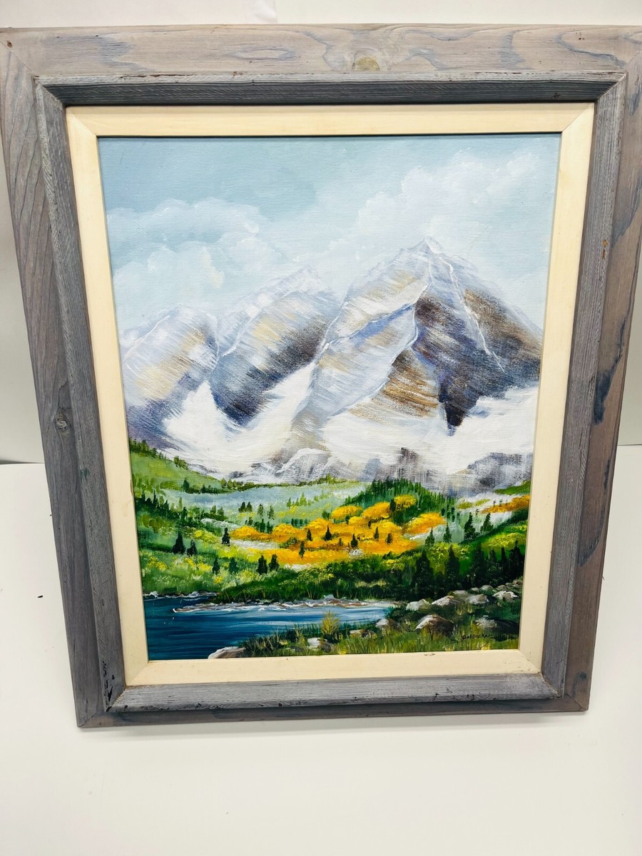 Painting Canvas Mountain Ridge Valley and Lake Vintage