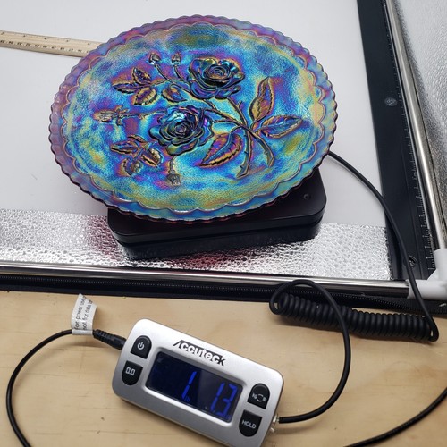 Imperial Open Rose/Lustre Rose Plate ~ Carnival Glass Electric Blue 9" ~ Chipped - Picture 9 of 11