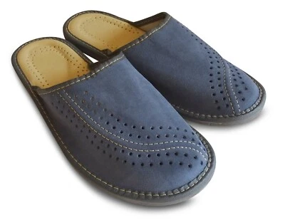 HANDARBEIT Herren Hausschuhe Pantoffeln Latschen Schlappen Veloursleder Blau Gr. 40 - 46