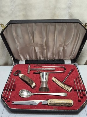 Viners Ltd Of Sheffield England Bar Tool Set In Case Stag Handle Silver Plate
