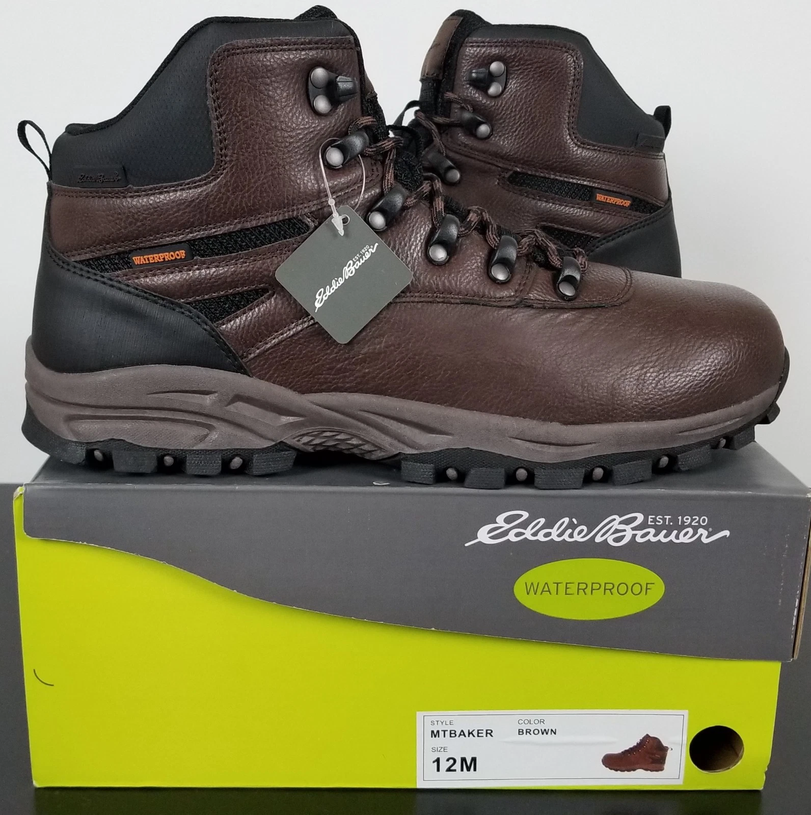 EDDIE BAUER MT BAKER MENS WATERPROOF LEATHER BOOTS BROWN NEW (SIZE 12)