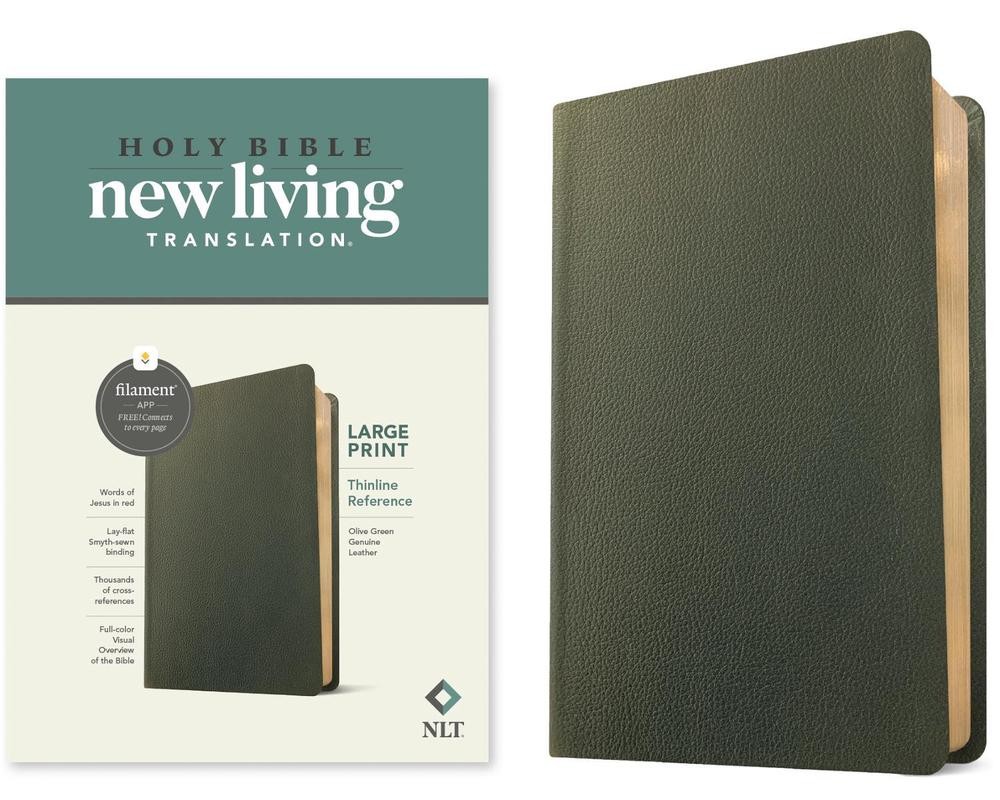 NLT Large Print Thinline Bible with Filament Tech in Genuine Olive Green Leather Red Letter Edition by Tyndale
