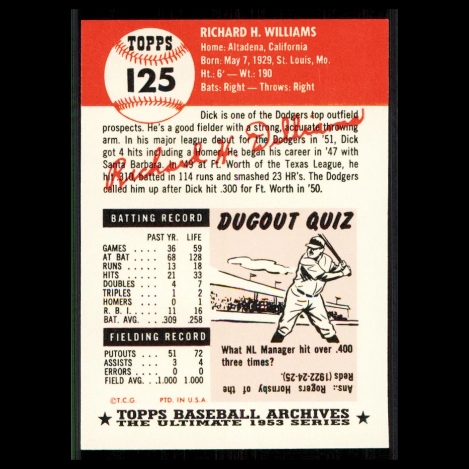 Dick Williams #125 1991 Topps Archives 1953 Brooklyn Dodgers Baseball Card MLB - Image 2 of 3