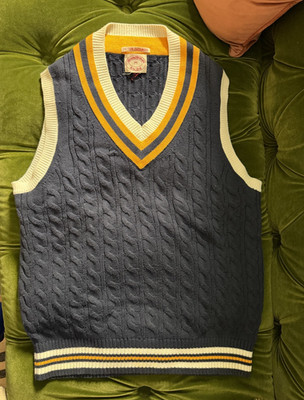 Brooks Brothers Blue Cotton Cashmere Cable Knit V-Neck Cricket Sweater Size M