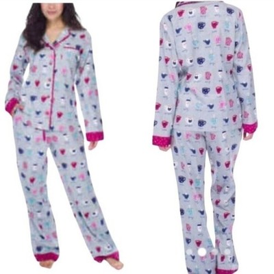 Munki Munki Bamboo Cotton Coffee Latte Flannel Pajama Set L Cozy Whimsy Granny