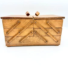 VTG Wooden Cantilever Accordion Sewing Box 3 Tier Fold Out MCM Tabletop Storage