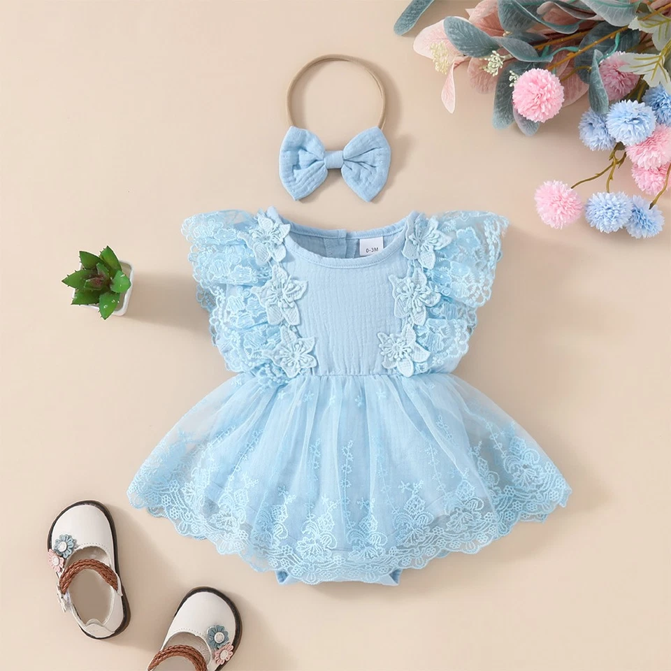 Newborn Baby Girl Lace Ruffle Bodysuit Romper Headband Clothes Floral Outfit Set - Image 4 of 4