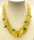 Vintage Yellow Textured Bead Fruit Salad Lemon Necklace w/ Leaves 15"
