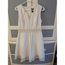 Ann Taylor White Eyelet Lace V-Neck Fit and Flare Dress Tan Trim Size 4