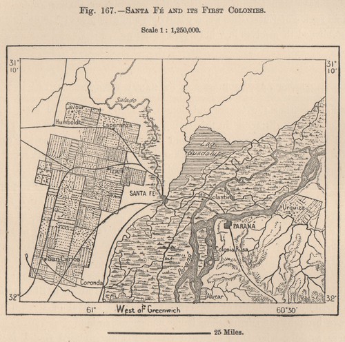 Santa Fe and its first Colonies. Argentina 1885 old antique map plan chart