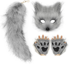 Cat Fox Mask Tail and Paws Gloves Set Furry Animal Therian Kit Masquerade Hallow