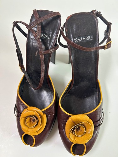 Casadei Made In Italy Brown Leather Peep-Toe heels w/Yellow Rose Embellishment