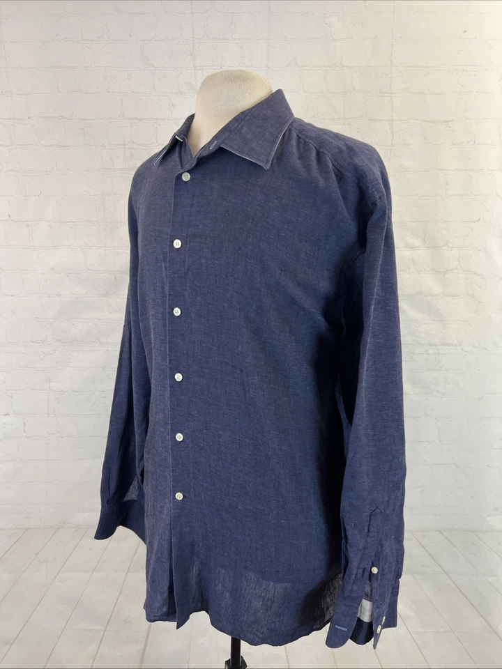 Camisa de vestir Joseph Abboud para hombre azul marino oscuro mezcla de lino liso 2X $118 Foto 3 de 4
