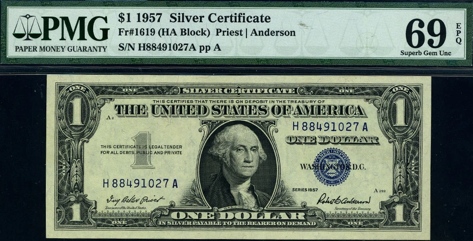 FR. 1619 $1 1957 Silver Certificate H-A Block Superb Gem PMG 69 EPQ - Pop 10/1 - Image 2 of 3