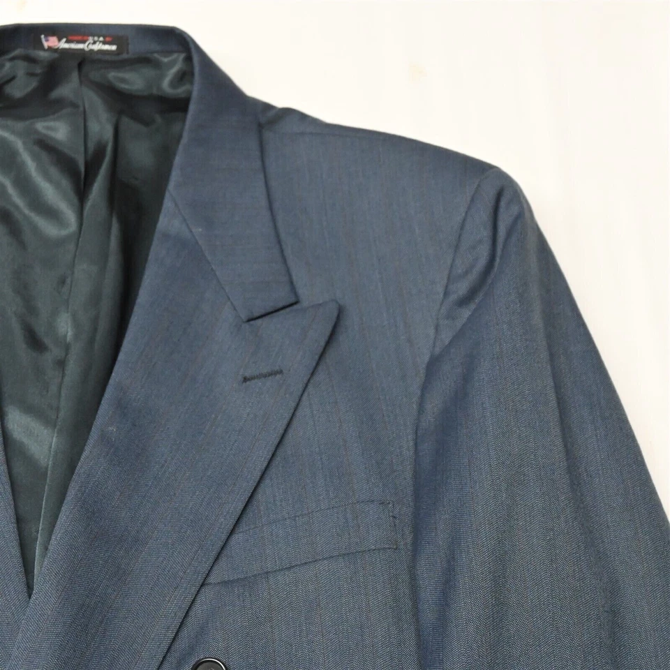 Vtg Stafford 46R 36x32 Slim Blue Herringbone Double Breasted Mens Suit - Image 2 of 4