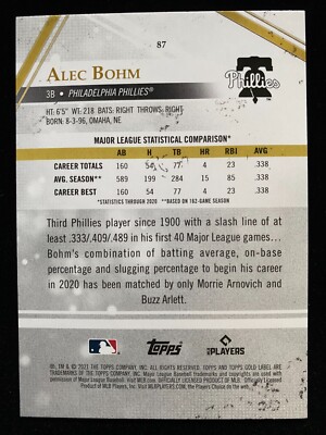 2021 Topps Gold Label ALEC BOHM Rookie BLACK CLASS 1 #87 Phillies