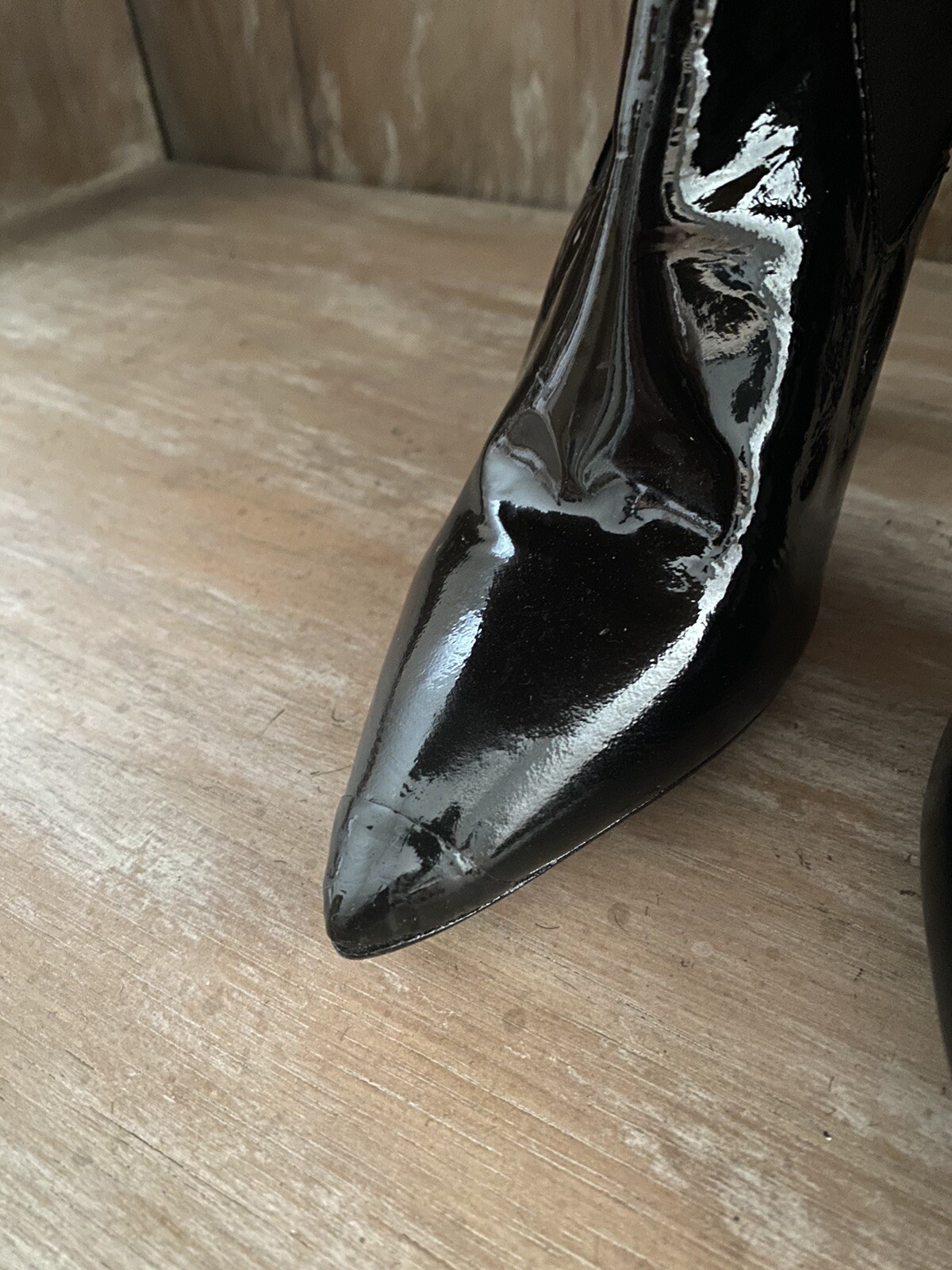 SAINT LAURENT Stivali da donna YSL neri Opyum 110 pelle verniciata logo tacco YSL taglia 36