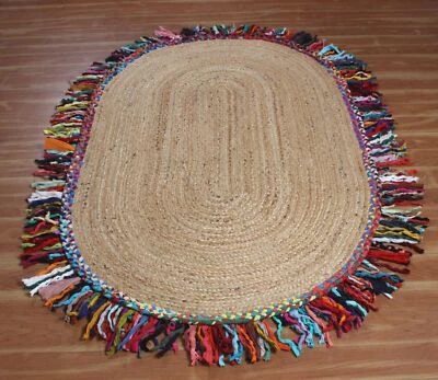 tapis ovale coton jute fait main réversible tapis décoratif de vie tapis de zone - Photo 1/4