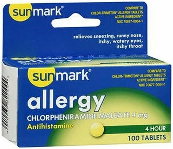 Sunmark 4 Hour Allergy Tablets Chlorpheniramine Maleate 4mg 100 Ct