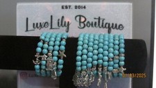 Turquoise Beaded Stretch Bracelet with Charm 14 Designs 