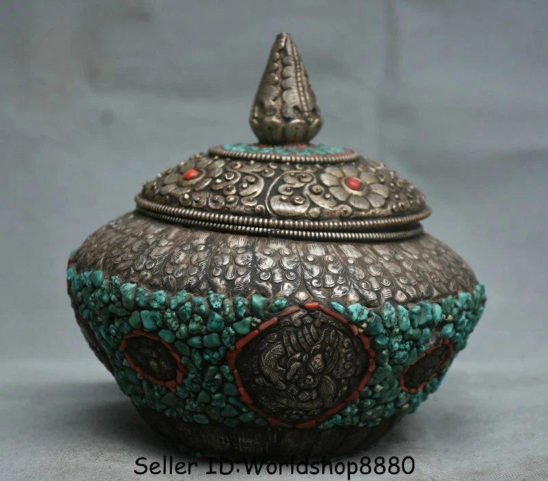 Templo de budismo tibetano antigo 7" prata turquesa tampa de rosto de besta pote jarra crock - Imagem 2 de 4