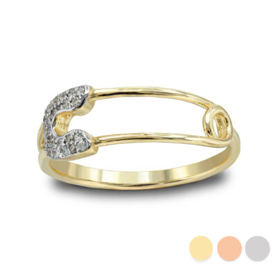 Gold Sideways Safety Pin with Diamond Ring (Available in Yellow, Rose and White)