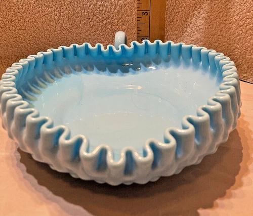 Fenton Blue Milk Glass Slag Hobnail Heart Shaped Candy Dish with Loop Handle