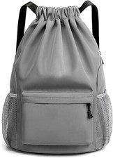 Sports Drawstring Backpack String Swimming Gym Bag with Shoes Grey