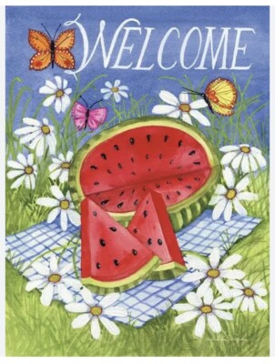 *NEW* Meadow Creek  ''WELCOME'' Watermelon GARDEN FLAG Butterflies Double Sided